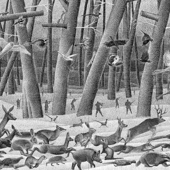 Black and white artwork shows illustration from Princeton University Press publication of Bambi with birds, deer, rabbits and more fleeing forest fire. 