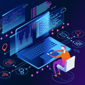 Graphic image of a user sitting at a computer