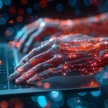 Pixelated AI hands typing on a keyboard