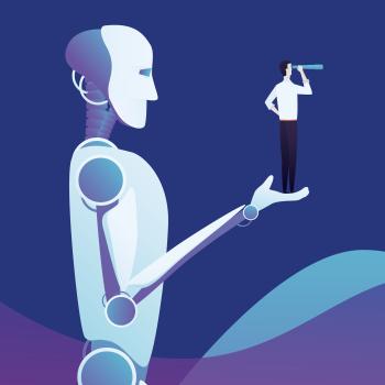 Robot figure holding human looking through telescope