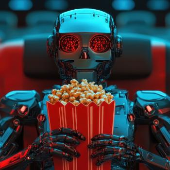 Robot watching a movie and eating popcorn